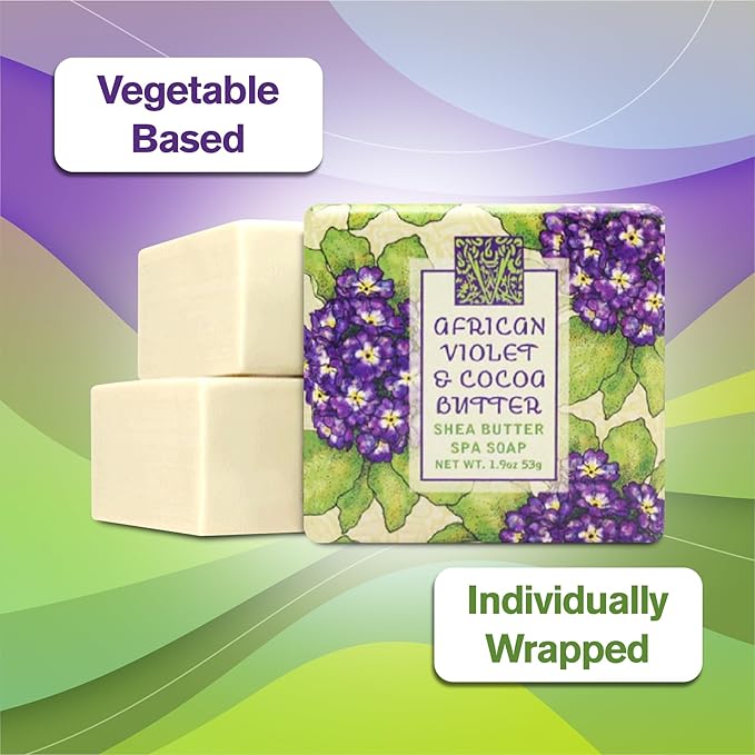 Greenwich Bay Mini Botanical Soap Bars – 12 Pack 1.9 oz Each – Individually Wrapped Guest Soaps for Airbnb, Spa, Travel, Bath – Travel Size Bar Soap Set, African Violet