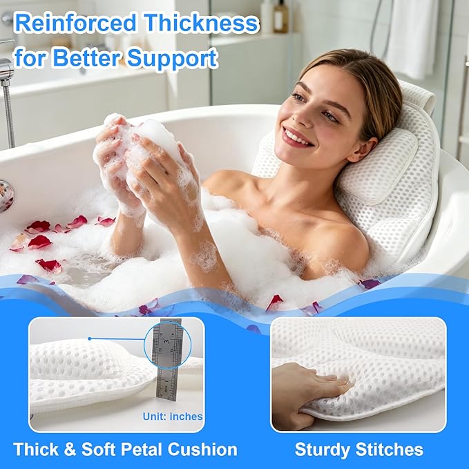 Luxury Oversized Petal-Shaped Bath Pillow for Head, Neck and Backrest, Extra Thick, Polyester, White, Anti-Slip Suction Cups, Washable, Spa Bathroom Accessories