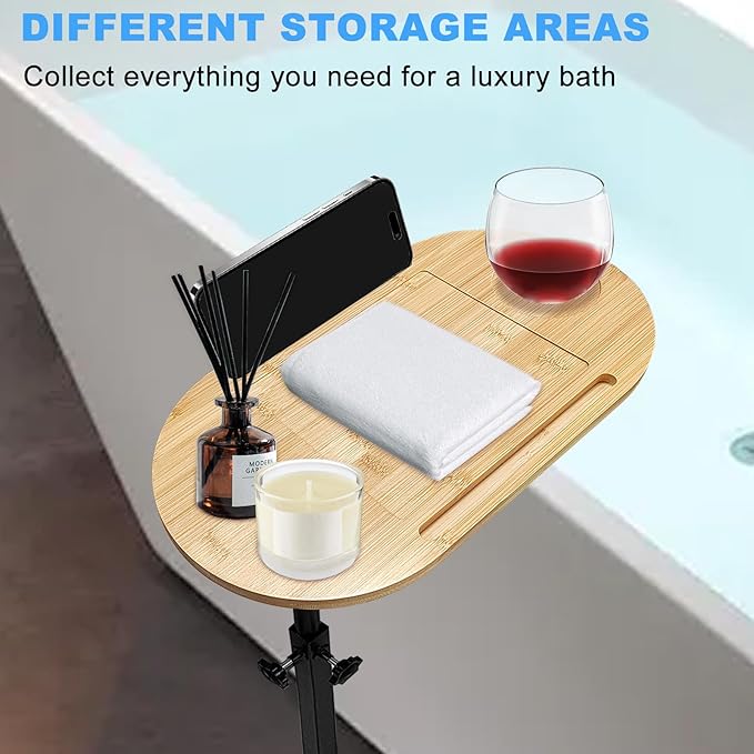 3 Layer Bath Tub Tray Table Liftable Freestanding Bamboo Bath Tray Caddy for Tub Against Wall Shelf Bathroom Organizer Shelf for Luxury Spa, Home Spa Bathtub Accessories