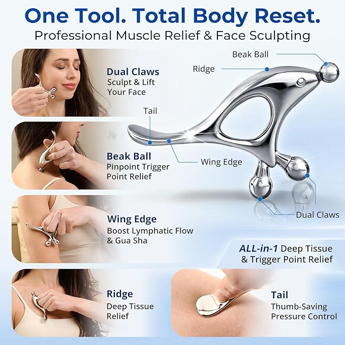 Melonsun Trigger Point Massage Tool & Gua Sha for Face & Body - All-in-1 Deep Tissue Muscle Scraper and Thumb-Saver Acupressure Tool for Face Sculpting, Full-Body Massage, and Tension Relief