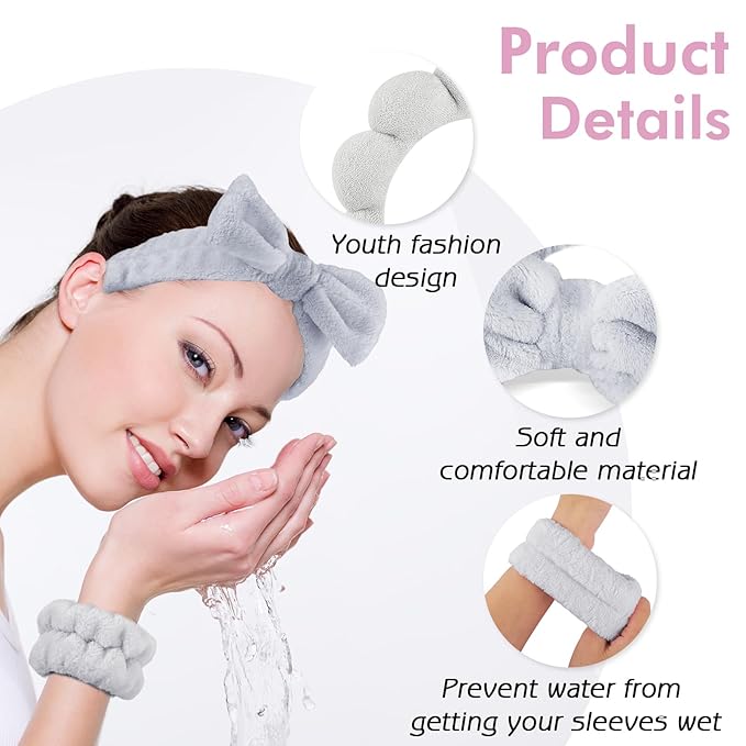 Zkptops 6Pcs Spa Headband for Washing Face Wristbands Set Women Bubble Makeup Sponge Terry Cloth Padded Puffy Skincare Headband Bow Tie Hairband Cute Non Slip Thick Hair Accessory Gifts (Grey)