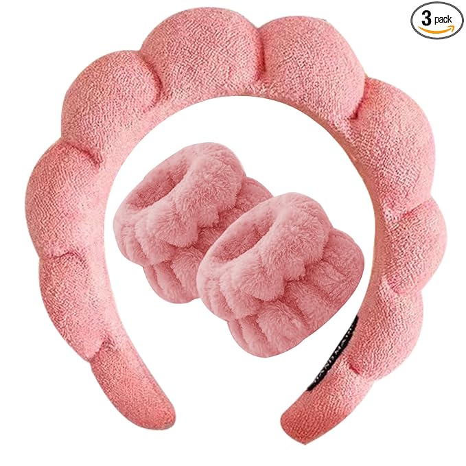 Beleki Spa Headband for Women Face Washing Headband and Wristband Set Sponge Headband Makeup Skincare Wash Face Headband Puffy Headwear Non Slip Hair Accessory for Women & Girls