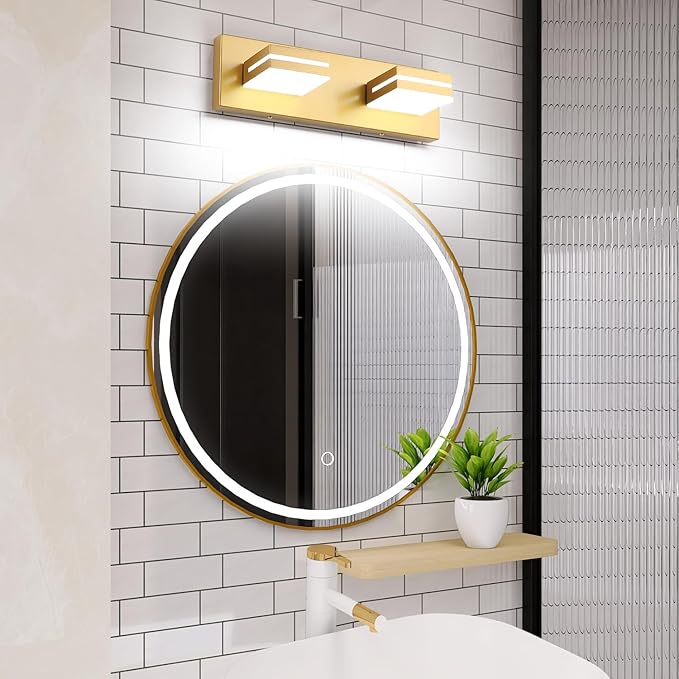 SineRise LED Modern Bathroom Vanity Light Fixtures (2-Light, 15.5-Inch, Dimmable), Matte Gold Modern Acrylic Bathroom Wall Lighting Fixtures Over Mirror (Cool White 6000K)