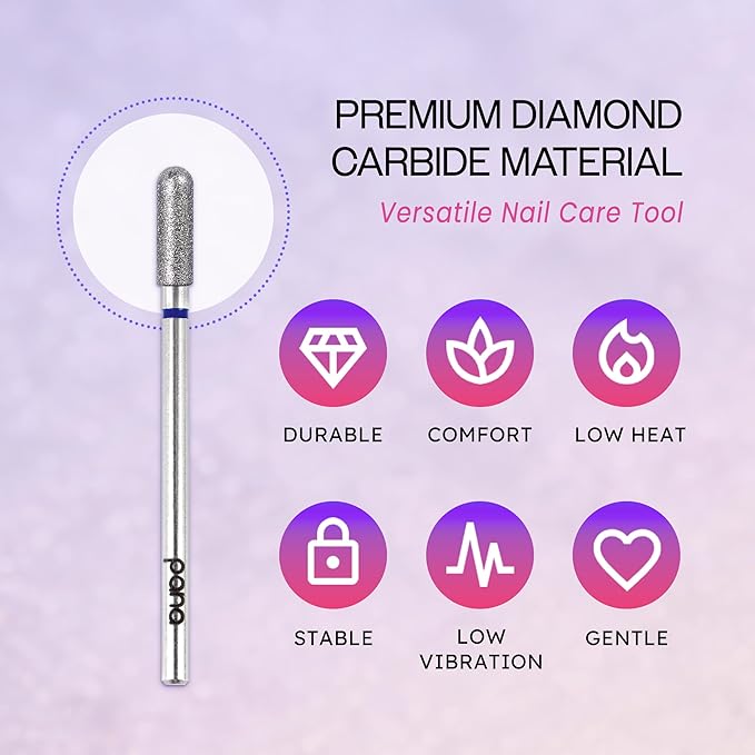 PANA 3/32" Diamond Carbide Safety Bit- Style 08, Medium Grit - Professional Cuticle Nail Drill Bits for Acrylic Gel Nails Dry Manicure Pedicure Shape Remove Tools