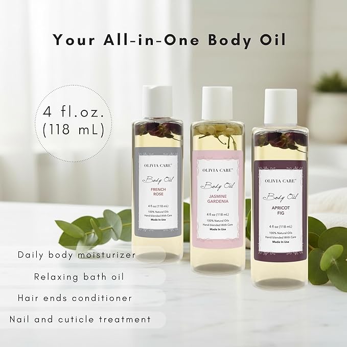 Olivia Care 3 Pack Body Oils: Apricot Fig, French Rose, Jasmine Gardenia - Natural Perfume Oils For Women & After Bath Oils Body Moisturizers, Rich in Vitamin E, K, & Omega (3 Scents)