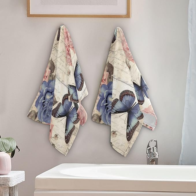 Vintage Pink Blue Rose Floral Butterfly Hand Towels for Bathroom Set of 2,Retro Peony Flower Decorative Bathroom Towels for Bath,Face,Hair,Soft Absorbent Dish Towels for Kitchen Decor 28"x14"