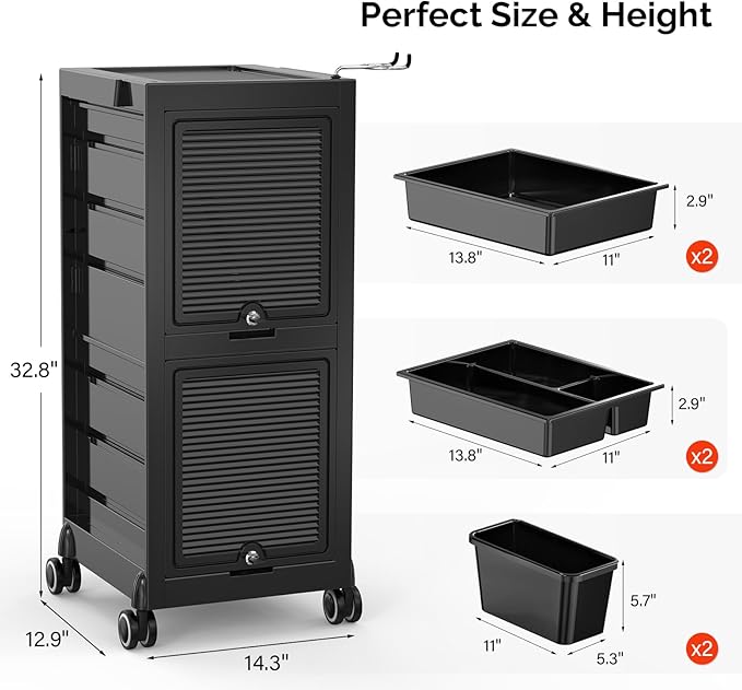OmySalon Salon Trolley Cart, Hair Stylist Station with 2 Lockable Doors, Rolling Hair Cart Organizer with Drawers & Bucket & Dryer Holder, Barber Shop Hairdressing Beauty Tattoo Versatile Equipment