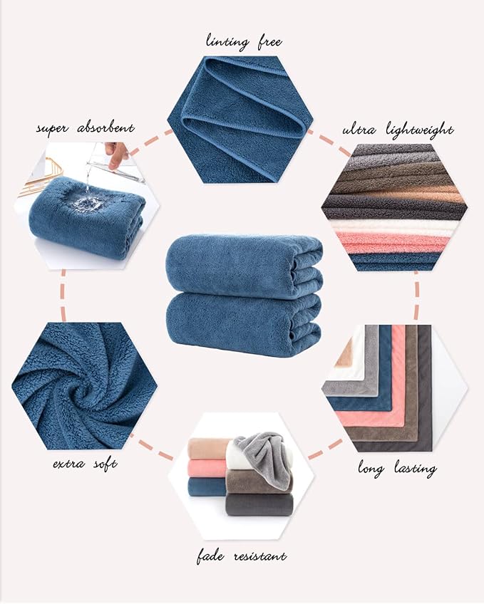 Lumimi Towels 2 Piece Soft Microfiber Bath Towel Set Salon Gym Yoga Travel Super Absorbent Lightweight Quick Dry and Durable, 55" L x 27" W, 2 Pack Blue