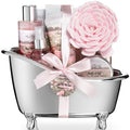 Aqua Elegante Spa Gift Basket - Luxury Bath Set with Body Wash, Bubble Bath, Lotion, Salts, Scrub, Spray, Shower Puff, Towel, Gifts for Women, Mom, Wife, Her - Rose Oil & Peony