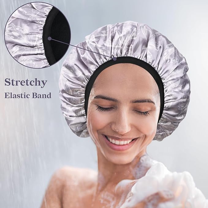 White Butterfly Print Satin Shower Cap, Three-Layer Terry Cloth Lined, with Silk Hair Ties, Microfiber Waterproof Reusable Large Size Shower Cap for Women Long Thick Hair