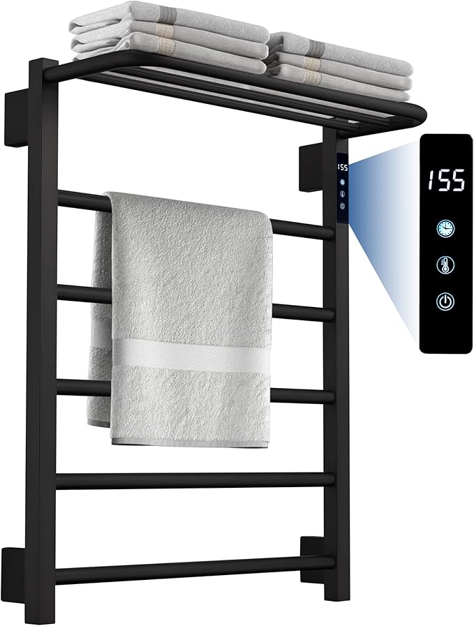 Heated Towel Racks for Bathroom, Hot Towel Warmer with 24hr Timer Stainless Steel Wall Mounted Electric Towel Warmers for Bathroom (Black, 5-Bar)