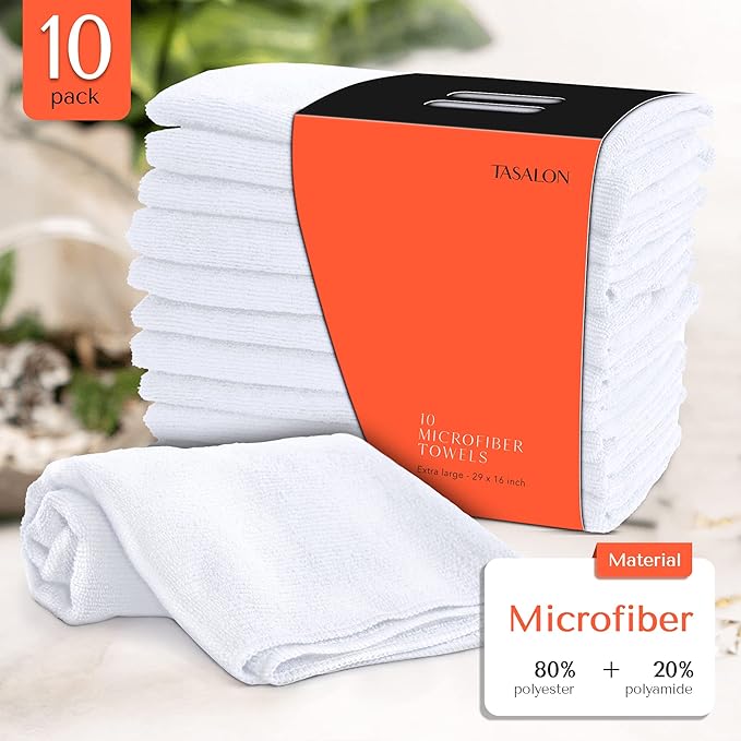 TASALON Microfiber Hair Towel for Salon - 10 Pack - 29 x 16 Inches, Quick Dry and Ultra-Soft Facial Towels with Soft Absorbant - White