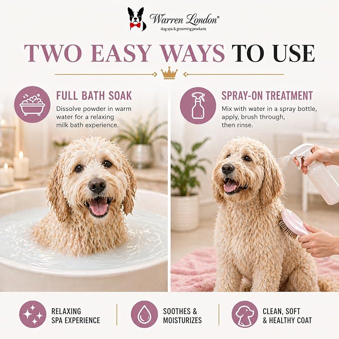 Warren London Cleopatra's Doggy Milk Bath | Luxurious Dog Shampoo and Conditioner w/Whole Milk Powder and Honey for Silky Smooth Coat | Use as a Full Bath Soak or Spray On Dog Shampoo | 12oz