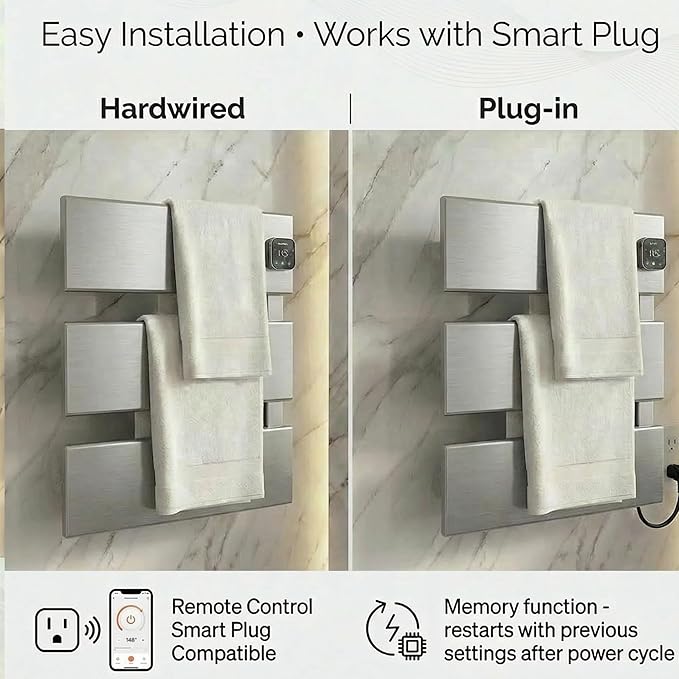 Electric Towel Warmer, Heated Towel Rack with Thermo Control and Timer, Fast Heating Towel Rail for Bathroom with Memroy Function, Work with Smart Plug, Right-Wiring, 3 Panel, Silver