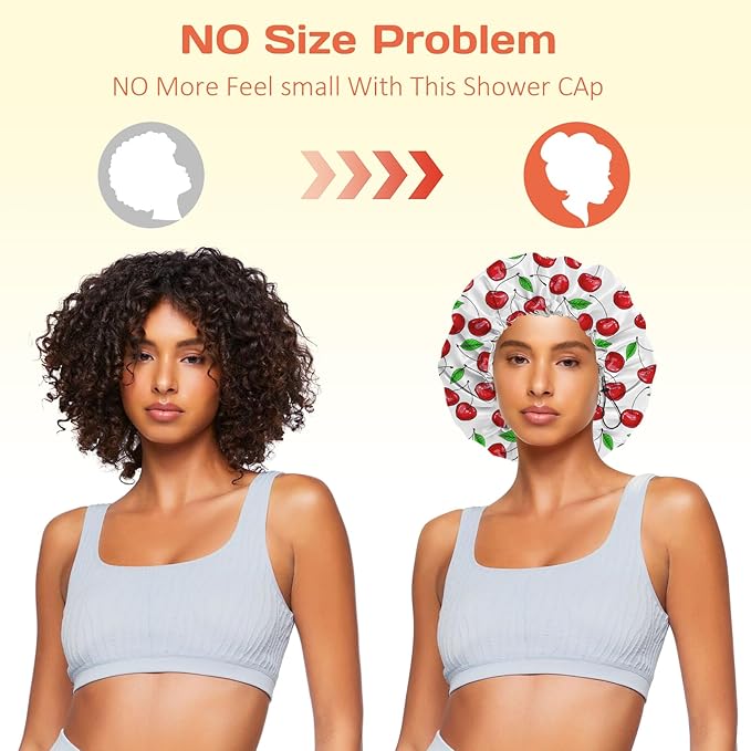 Shower Cap Reusable Double Layer Adjustable Elastic Waterproof EVA Hair Bath Caps for Women Girls Cute Aesthetic-Cherry