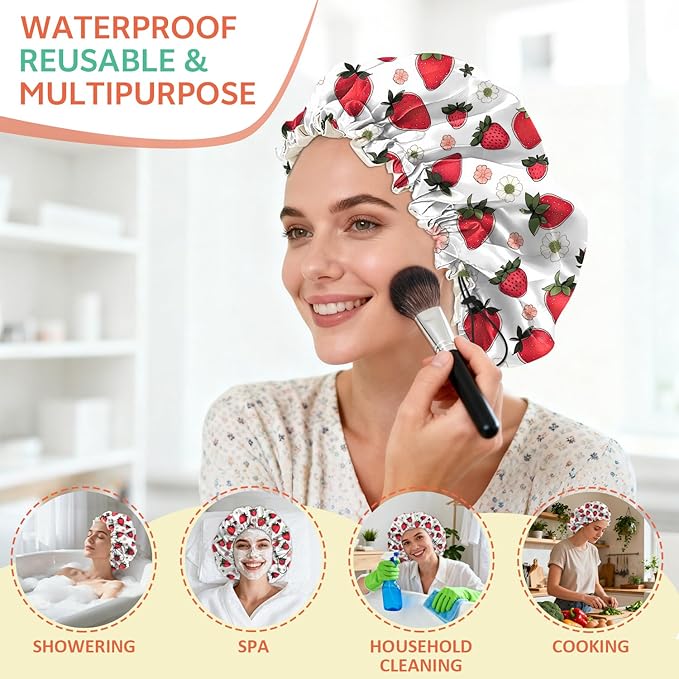 Shower Cap Reusable Double Layer Adjustable Elastic Waterproof EVA Hair Bath Caps for Women Girls Cute Aesthetic-Strawberry
