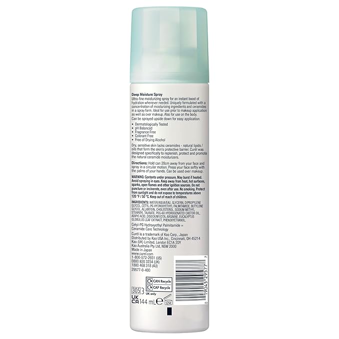 Curel Japanese Skin Care Deep Moisture Spray, Moisturizer for Dry Skin, Face Hydrating Spray with Ceramides, 5.2 Oz