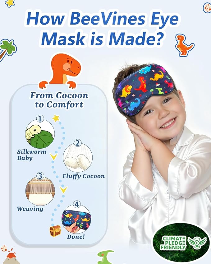 BeeVines Kids 100% Real Mulberry Silk Sleep Mask 2 Pack, Original Design Pure Silk Sleeping Eye Masks for Boys, Skin-Friendly Blackout Eye Cover, Adjustable Strap, Reduce Puffy Eyes, for Travel Gifts