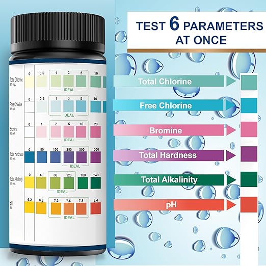 Dipstik Pool & Spa Test Strips - 6 in 1 Water Test for pH, Hardness, Bromine, Chlorine, 100 Counts