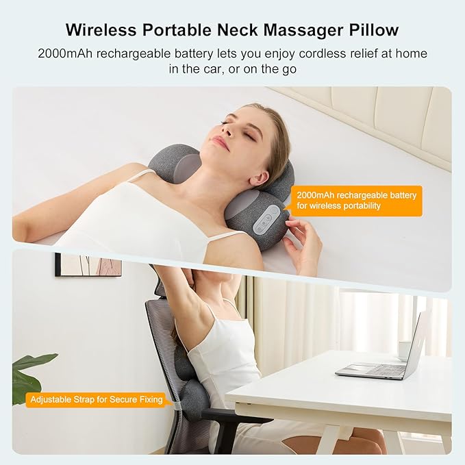 3-in-1 Neck Massager Pillow with Heat, 2-Speed Adjustable Deep Tissue Kneading Massage, Rechargeable Traction Massager for Home Office Travel