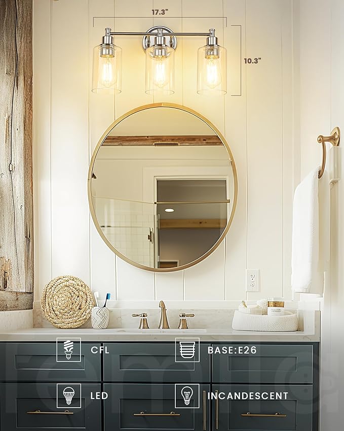 FEMILA Vanity Lighting Fixtures, Modern Bathroom Lights Over Mirror, Wall Lamp with Clear Glass Shade,Chrome Finish,4FYC56B-3W CH