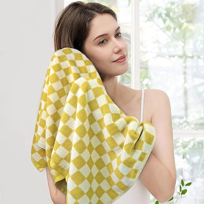 Jacquotha Luxury Bath Towels - Pack of 2 Cotton Fall Bathroom Towels Sets for Body Drying 55x27.5 Inches, Mustard Yellow Checkered
