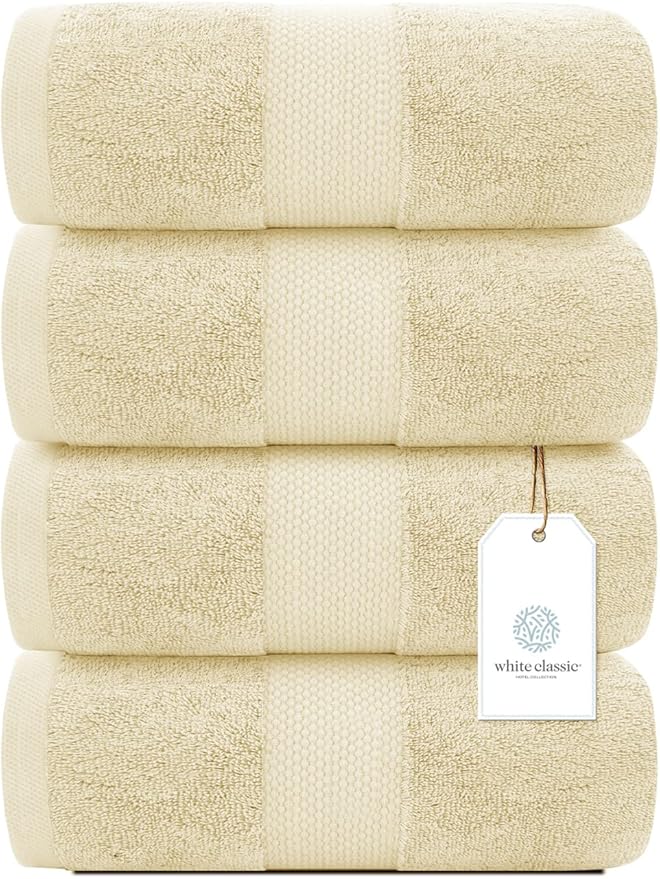 White Classic Luxury Bath Towels Large - Cotton Hotel spa Bathroom Towel |30x56 | 4 Pack | Beige