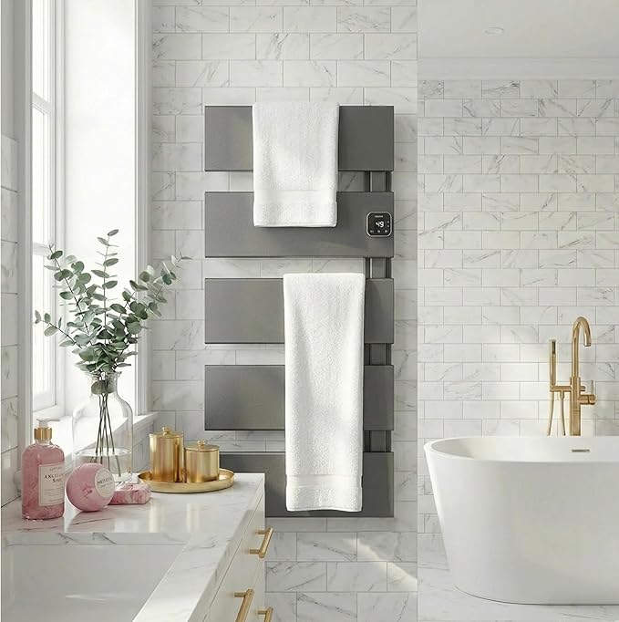Electric Towel Warmer, Heated Towel Rack with Thermo Control and Timer, Fast Heating Towel Rail for Bathroom with Memroy Function, Work with Smart Plug, Right-Wiring, 5 Panel, Gun Gray