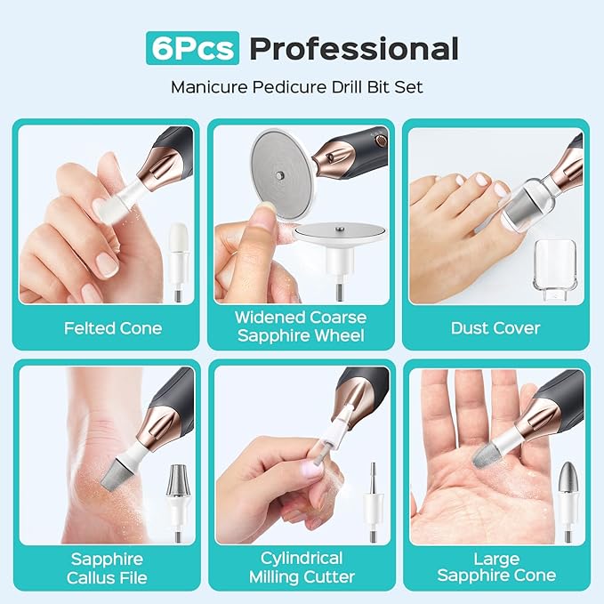COSLUS C43 Professional Manicure Pedicure Kit, 5-in-1 Electric Nail File for Toenail Hand Feet Care - Wider Grinder for Thick Nails, Cordless, 5 Speed, for Men Women Seniors Home Salon, Black (END10)