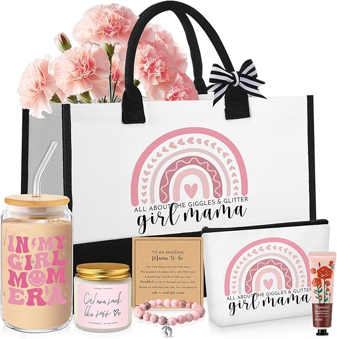 7 Sets Girl Mom Gifts for New Mom Gifts Tote Bag Makeup Bag Candle Bracelet Cup Handcream for Mother Day Women After Birth Pregnancy Gift First Time Expecting New Mommy Essentials