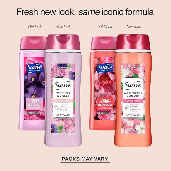 Suave Body Wash Variety 2-Pack, Sweet Pea & Violet + Wild Cherry Blossom – Gentle Body Washes with Floral Blend Oil Essence, 18 Oz Ea