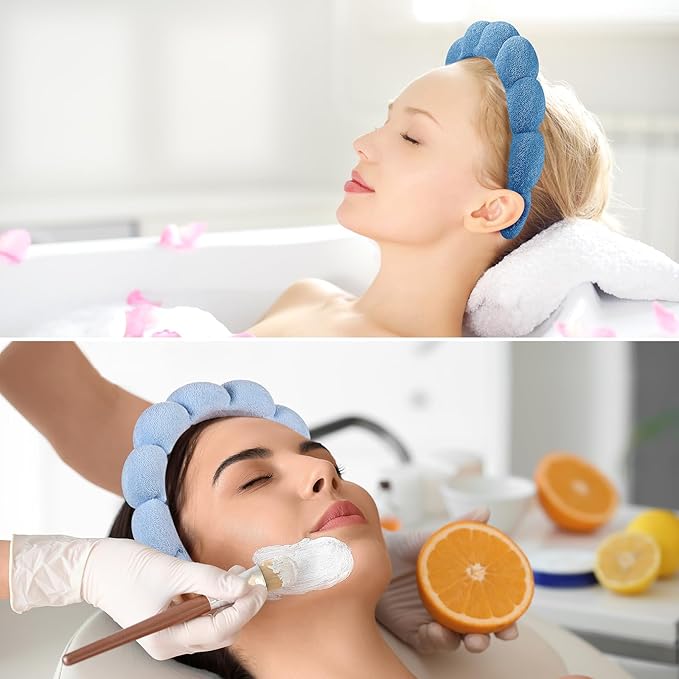 Spa Face Washing Headbands Set - 2 Terry Cloth Makeup Headbands, Combo Pack for Facial Skincare, Face Masks (Dark Blue + Light Blue)