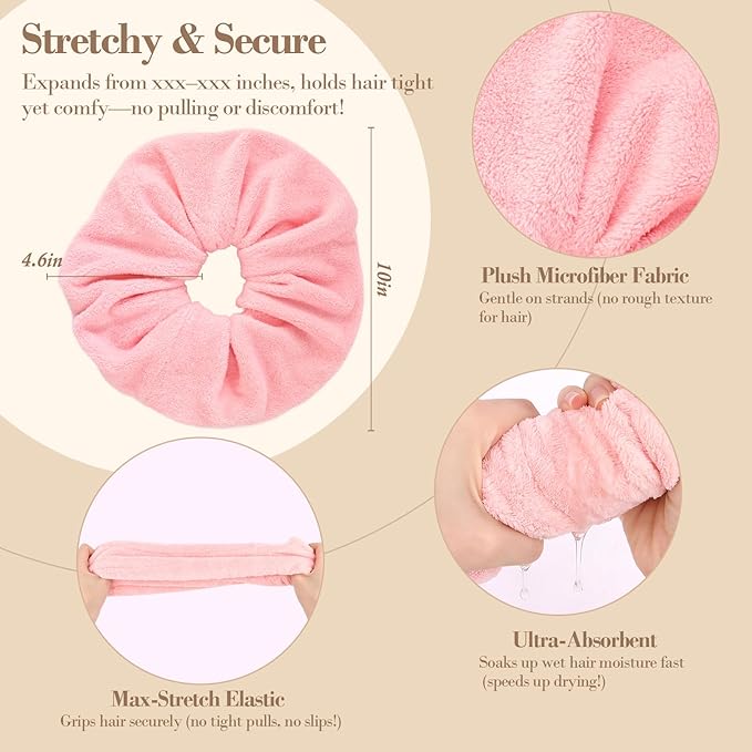 Wecoe Hair Towel Scrunchies 2pcs Soft Absorbent Large Microfiber Hair Drying Scrunchies Thick Fuzzy Scrunchy Ponytail Holder Gifts for Women(Black & Pink)