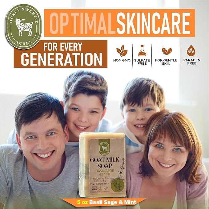 Honey Sweetie Acres Basil, Sage & MInt Goat Milk Soap - Handmade 5 oz Bar, Made with Natural Ingredients, Moisturizing & Gentle, Made in the USA