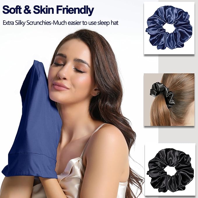 Satin Bonnet for Sleeping Night Cap, Adjustable Satin Lined Silk Bonnets Sleep Cap for Curly Hair Braids Beanie Black Women