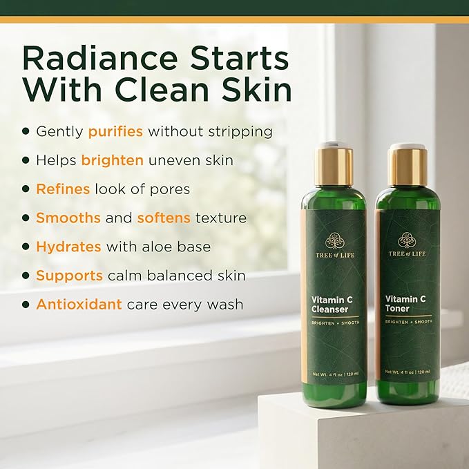 Tree of Life Beauty Vitamin C Brightening Face Care, Minimizing Pores & Facial Cleanser for Gentle Deep Cleaning with Organic Aloe, Clean Dermatologist-Tested Skin Care (Toner & Cleanser 2 X 4 Fl Oz)