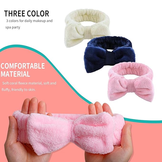 WSYUB 3Pcs Spa Headband, Makeup Headband for Washing Face, Bow Headbands for Women, Fluffy Skincare Headbands Microfiber Bow Knot Hair Band, Easter Basket Stuffers