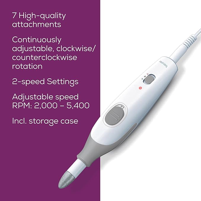 Beurer MP32 Electric Nail Drill with 7 Attachments, Manicure/Pedicure Set with 2-Speed Levels & Dual Rotation for Salon-Quality Nail Care at Home, Including Storage Case