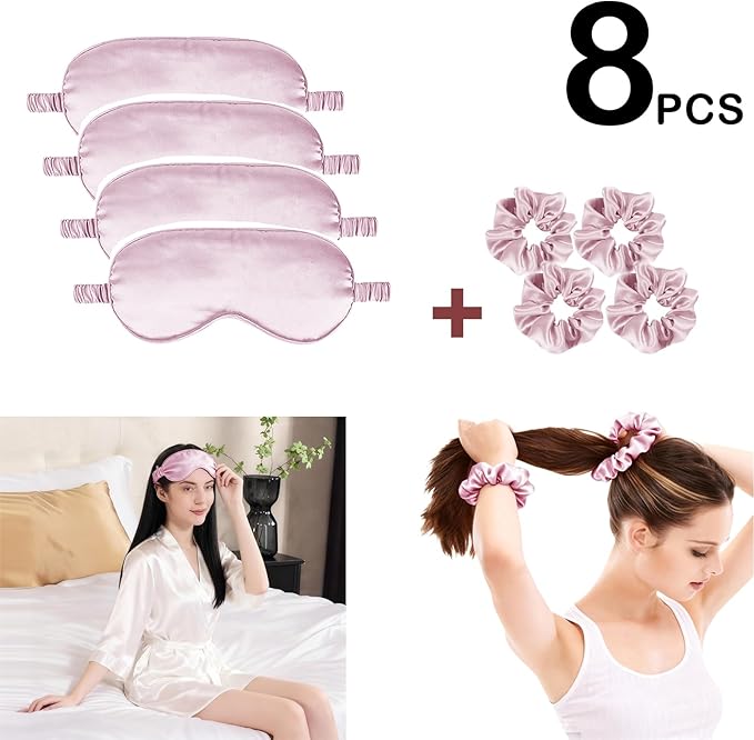 Satin Eye Mask 8Pcs Silk Sleep Masks Silky Blindfold Eyeshade Blackout Eyes Cover Scrunchies Hair Ties Travel Wedding Gifts