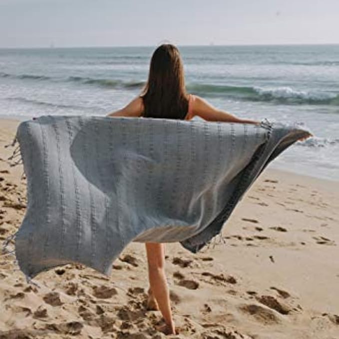 InfuseZen Stonewashed Turkish Bath & Beach Towel –100% Organic Turkish Cotton - Soft, Lightweight, Absorbent - Quick Dry, Sand Free - Swim, Pool, Shower, Travel - Peshtemal, Hammam Spa Towel - Denim