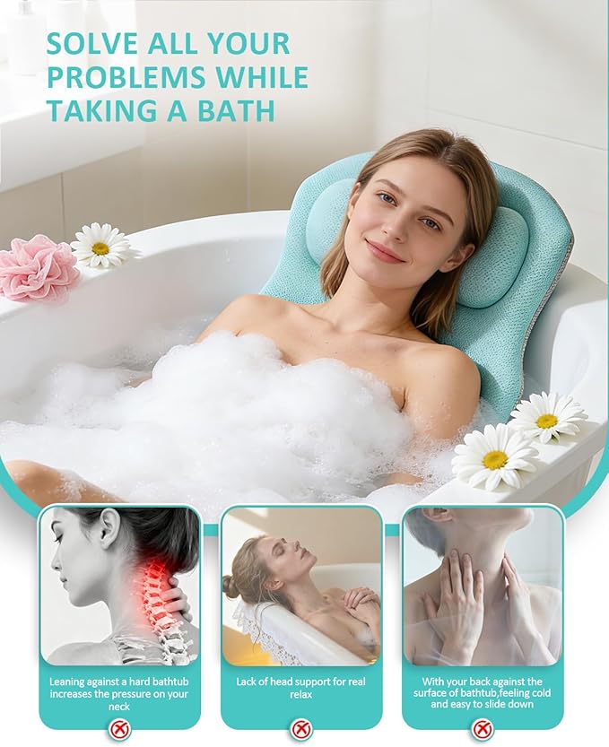 Full Body Bath Pillow for Bathtub, 5D Thick Tub Pillow for Bathtub with 192 Non-Slip Suction Cups, Laundry Bag & Hook, Bathtub Pillow for Head, Neck & Back Support (Green, 51"*15")