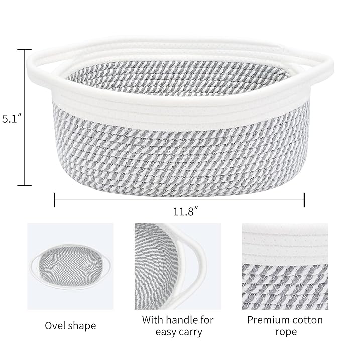 ABenkle Small Basket, 12"x 8" x 5" Cute Small Woven Basket, Rope Room Shelf Storage Basket, Cat Dog Toys Basket Chest Box, Decorative Empty Gift Basket with Handles