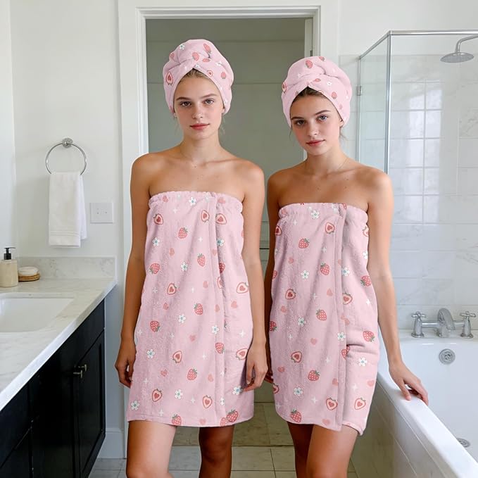 Absorbent Bath Towel Wrap Set for Women, Pink Strawberry Print Towel Wrap After Shower, Microfiber Shower Robe Body Towel Wraps for Women, Quick Dry Hair Towels Wraps for Spa Hotel Beach Girl