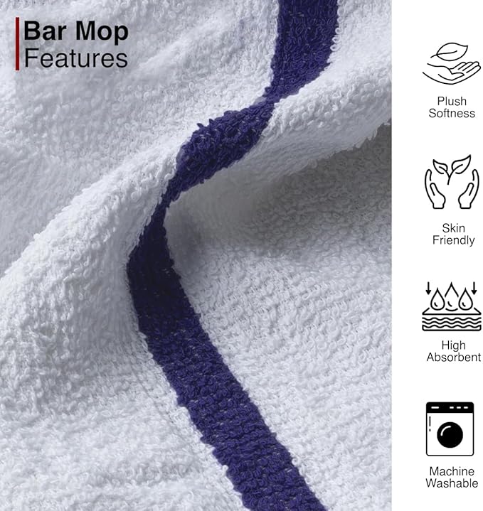 CASA COPENHAGEN Classic Bar Mop Towels - Pack of 12, 15"x19" 100% Cotton, Highly Absorbent & Durable Towels, Multipurpose Kitchen Towels for Home, Bar, Restaurant, Cleaning & More
