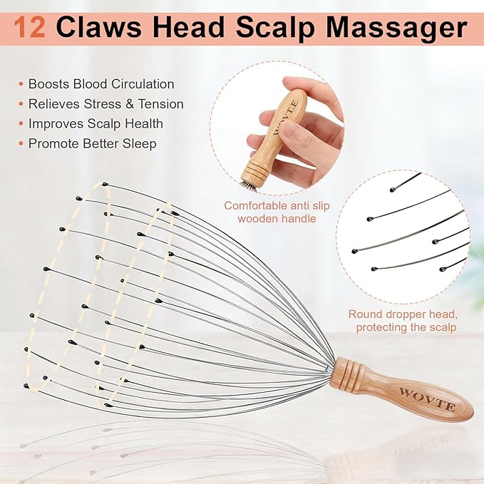 WOVTE Back Scratcher and Scalp Massager Kit – 4 in 1 Telescoping Back Scratcher for Men, 12 Fingers Head Massager for Stress Relief, Mothers Day Fathers Day Birthday Gifts for Men Women Adult