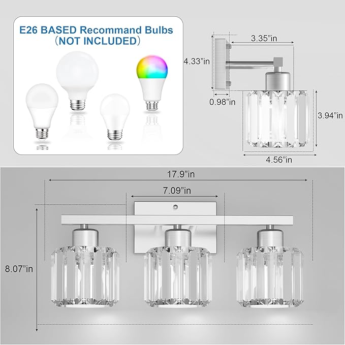 comzler 3-Light Bathroom Light Fixtures Over Mirror, Brushed Nickel Crystal Wall Sconce with E26 Base for Mirror Kitchen Living Room Bathroom, Round Crystal Shades (Bulbs Excluded)