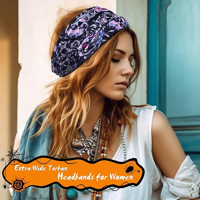 HAUHC 6 Pack Halloween Headbands for Women Hair Bands Skull Headbands Pumpkin Bat Wide Holiday Hair Bands, Holiday Gift Hair Accessories