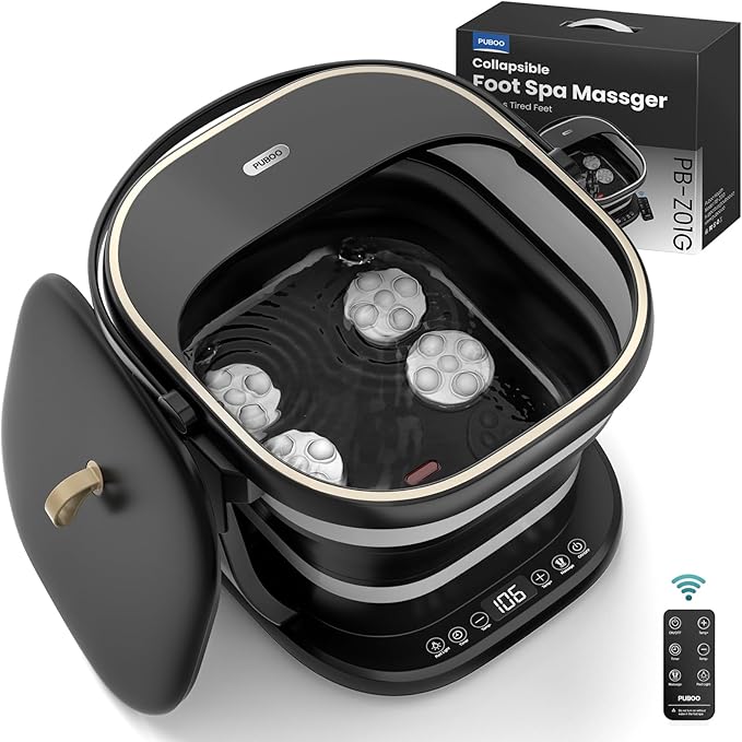 Puboo Collapsible Foot Spa Bath Massager with Heat, 95-115°F Precise Temp Control, Motorized Massage Rollers, Heated Foot Bath Soak Tub, Fits up to US Men’s Size 11 / Women’s Size 12.5
