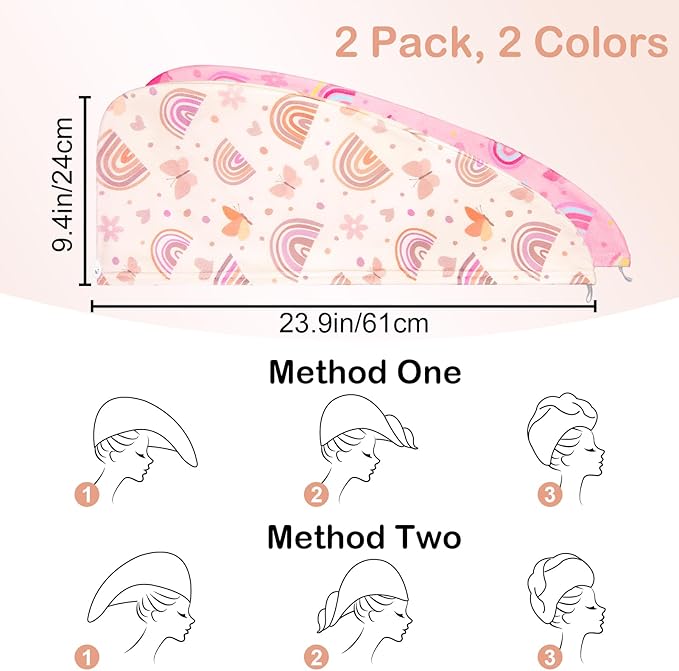 Basumee Microfiber Hair Towel Wrap for Kids 2 Pack Rapid Drying Hair Towel with Button Hair Turbans for Wet Hair Wraps Head Towel Wrap for Women and Girls