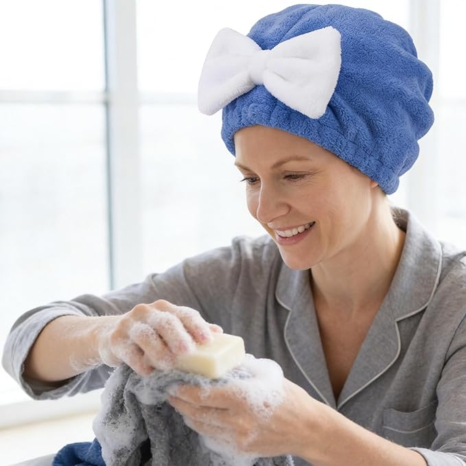 PAGOW 2pcs Microfiber Hair Towel, Pink Blue Ultra Soft Absorbent Hair Drying Towel Wrap with Bow, Fast Drying Shower Cap Hair Towel Wrap for Women Bathing Spa